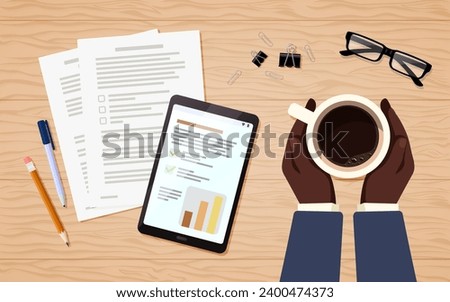 Vector illustration of African American business man's hands holding a cup of black bitter coffee. Top view of the desktop. documents about the report, finance, graph, pen, clip, glasses. Office work.