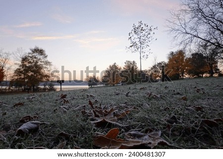A low shot of a frosty morning, showing frozen drew on the grass by a lake