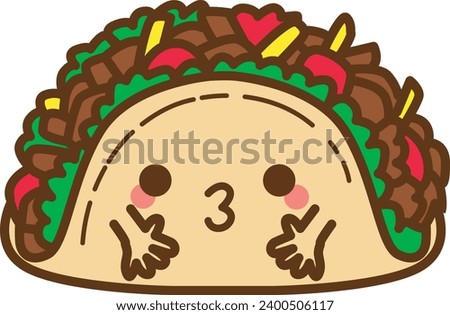 The theme of this illustration is Fastfood. Funny taco cartoon character. Cute cartoon food illustration. Kawaii food cartoon vector icon. Cute taco images. Isolated vector. Cute taco clip art