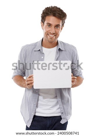 Portrait, smile and man on poster, sign and advertising on mockup space isolated on a white studio background. Face, happy person and show paper banner on sales promo, information or blank placard