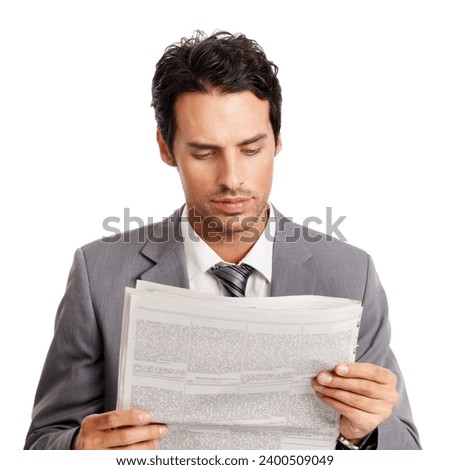 Business man, information and reading newspaper in studio, headlines and newsletter on current events. Businessperson, professional and knowledge or announcement on paper, update and white background