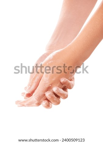 Health, soap and closeup of washing hands in studio for hygiene, wellness or self care. Foam, cosmetic and zoom of person or model clean skin to prevent germs, bacteria or dirt by white background. Royalty-Free Stock Photo #2400509123