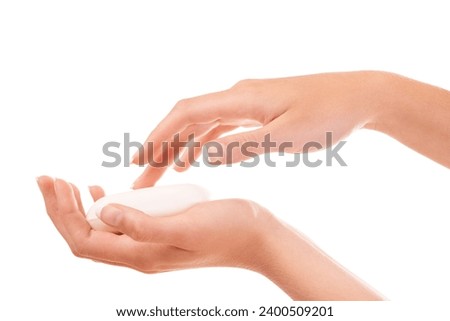 Hygiene, soap and closeup of washing hands in studio for health, wellness or selfcare. Grooming, cosmetic and zoom of person or model clean skin to prevent germs, bacteria or dirt by white background Royalty-Free Stock Photo #2400509201