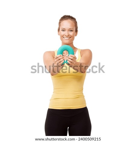 Happy woman, portrait and bend grip in fitness for arm workout isolated against a white studio background. Young female person, athlete and band for resistance, training or exercise on mockup space