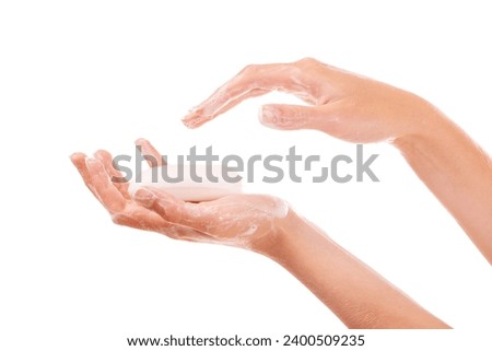Self care, soap and closeup of washing hands in studio for grooming, wellness or health. Hygiene, cosmetic and zoom of person clean skin to prevent germ, bacteria or dirt isolated by white background Royalty-Free Stock Photo #2400509235