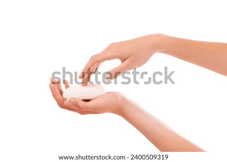 Health, soap and closeup of washing hands in studio for hygiene, wellness or self care. Grooming, cosmetic and zoom of person cleaning skin to prevent germs, bacteria or dirt by white background. Royalty-Free Stock Photo #2400509319