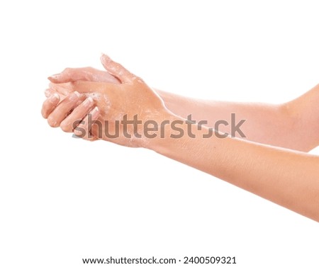 Health, soap and closeup of washing hands in studio for hygiene, wellness or self care. Hygiene, cosmetic and zoom of person or model clean skin to prevent germs, bacteria or dirt by white background Royalty-Free Stock Photo #2400509321