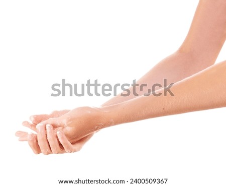 Health, soap and closeup of washing hands in studio for hygiene, wellness or selfcare. Grooming, cosmetic and zoom of person or model clean skin to prevent germs, bacteria or dirt by white background Royalty-Free Stock Photo #2400509367
