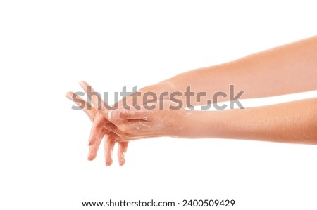Health, soap and person washing hands in studio for hygiene, wellness or self care. Grooming, cosmetic and closeup of model clean skin to prevent germs, bacteria or dirt isolated by white background. Royalty-Free Stock Photo #2400509429