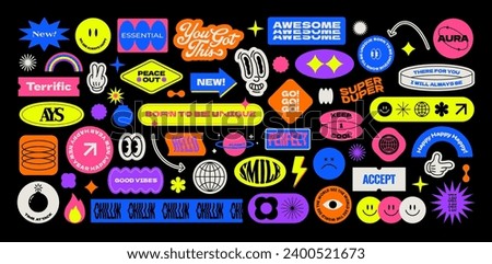 Colorful trendy sticker pack. Naive playful label shape set. Retro patch cartoon collection. Catchphrase sign, Groovy  text slogan. Geometric element. Brutalism aesthetic. Flat vector illustration. Royalty-Free Stock Photo #2400521673