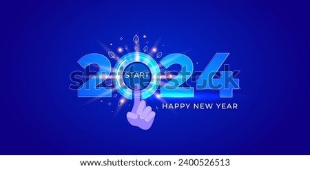 2024 Futuristic, modern technology concept. 2024 number with start button and hand. Vector file Royalty-Free Stock Photo #2400526513