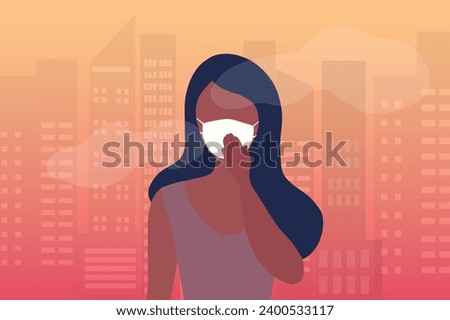 Woman wearing face masks to protect smoke, pm 2.5, dust and air poll wearing face masks tor protect smoke, pm 2.5, dust and air pollution in city,  Royalty-Free Stock Photo #2400533117