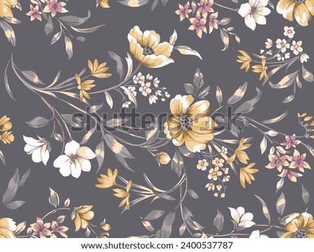 textile design, flowers leaves abstract botanic pattern allover repeats seamless natural color ,fabric wrapper print ,spring  Royalty-Free Stock Photo #2400537787