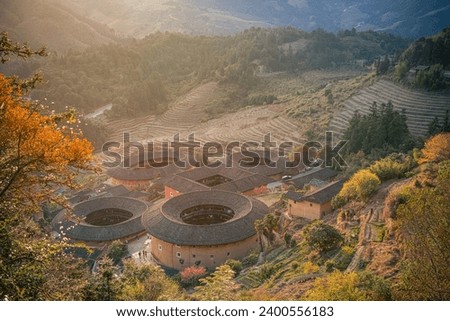 The Fujian tulou, old traditional rural dwellings in China aerial view. Buildings behind the golden trees, sunset picture, terraces at the background
