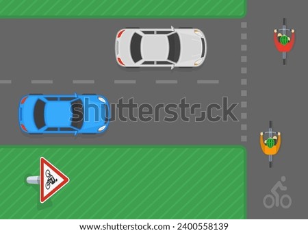 Safe driving tips and traffic regulation rules. "Cyclists ahead" warning sign area. Top view of a cyclists crossing road on a bike lane. Flat vector illustration template.