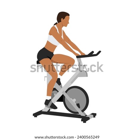 Woman doing Cardio stationary bike. spinning exercise. Flat vector illustration isolated on white background