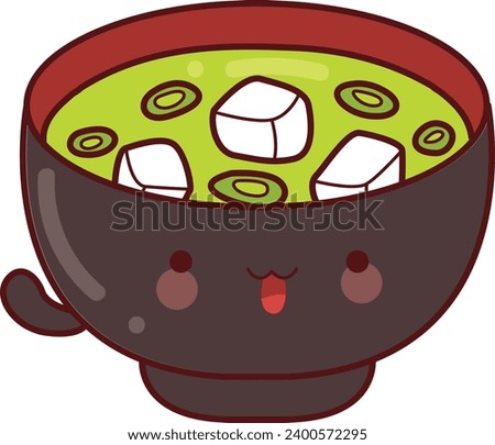 The theme of this illustration is Japanese Food. Japanese clip art. Emoji of food icon. Miso soup stock vector. Tofu soup in the bowl food illustration. Tom yam japanese food emoticon. Green soup
