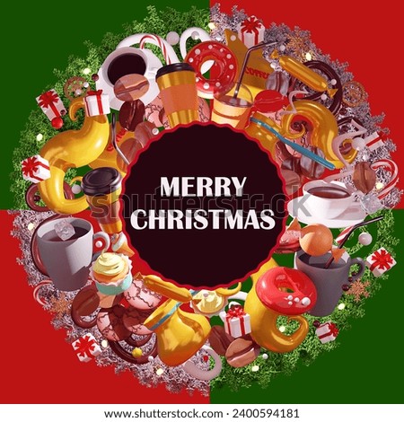 Colorful, detailed, with lots of background objects 3d image. Coffee cup. Coffee to go. Coffee Shop. Merry Christmas text. 