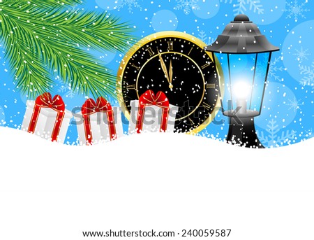 clock, lantern and gifts with the branches of fir-tree on to snow,  vector  illustration