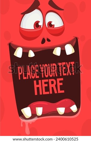 Cartoon monster face with funy expression opened mouth blank space banner for text. Vector illustration isolated. 
Halloween design element for banner or decoration party