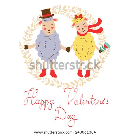 Happy valentines day with cute sheeps couple. vector illustration