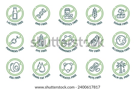 Sugar, gluten, GMO, lactose free icons and signs. Steroids, parabens and hormones, antibiotics, soy, allergen and palm oil, trans fat, nuts, egg contain in food product outline symbol pictograms Royalty-Free Stock Photo #2400617817