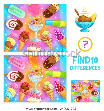 Find ten differences in cartoon ice cream gelato, sundae, chocolate and vanilla cone, vector puzzle worksheet. Frozen sweet desserts or ice cream scoop in cones, kids quiz game to find ten differences Royalty-Free Stock Photo #2400617961