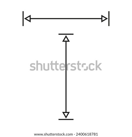Long double arrow. Thin dual arrows. Vector drawing with size. Illustration on white background. 
