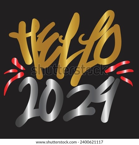 Hello 2024. vector illustration. New Year 2024 gold, white, red, silver sticker on black background. Happy New Year design isolated good for greetings