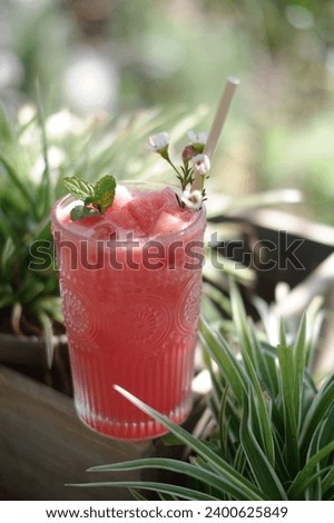 The image showcases a refreshing glass of watermelon juice adorned with a sprig of mint and garnished with small white flowers, set amidst lush greene