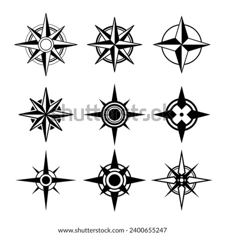 Wind Rose Compass Navigation Icons set collection, Vintage marine wind rose, nautical chart. Monochrome navigational compass with cardinal directions of North, East, South, West, cartography.