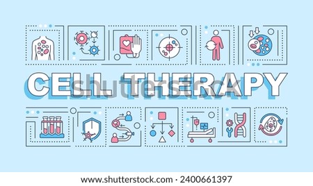 Cell therapy text with various thin line icons concept on blue monochromatic background, editable 2D vector illustration. Royalty-Free Stock Photo #2400661397