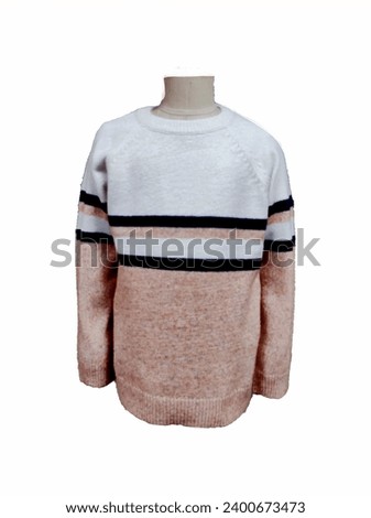 Multicolored striped round neck a beautiful  knit white backround isolite winter sweatshirt sweater and jumper.