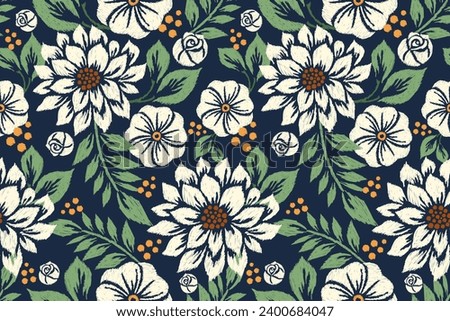 Ikat floral paisley embroidery on navy blue background.Ikat ethnic oriental seamless pattern traditional.Aztec style abstract vector illustration.design for texture,fabric,clothing,wrapping,decoration Royalty-Free Stock Photo #2400684047