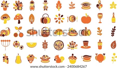 the theme of this icon set is Thanksgiving. Cute autumn elements. Thanksgiving clip art. Pine cone stock illustration. Autumn harvest. Food thanksgiving icons. Elements of fall autumn. Harvest sticker