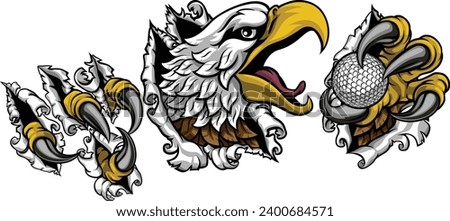 A bald eagle or hawk with claw talons holding a golf ball and ripping or tearing through the background. Sports Mascot