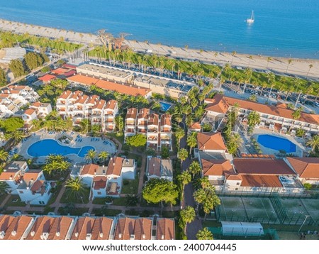 Aero photographie. View from flying drone. Panoramic view of La Pineda beach. From a bird's eye view. The cities of Salou and Barcelona are nearby