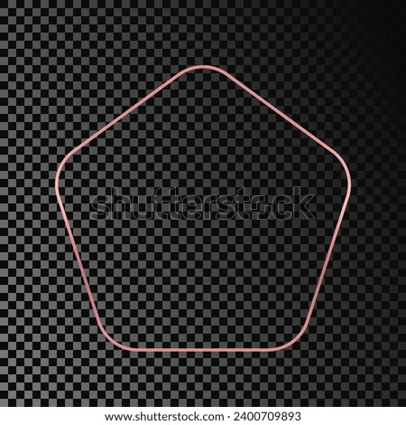Rose gold glowing rounded pentagon shape frame isolated on dark transparent background. Shiny frame with glowing effects. Vector illustration