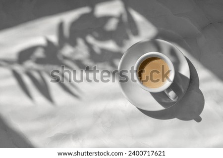 White ceramic saucer and cup with coffee drink on neutral marble gray table background with aesthetic floral sunlight shadows, feminine business branding template. Royalty-Free Stock Photo #2400717621