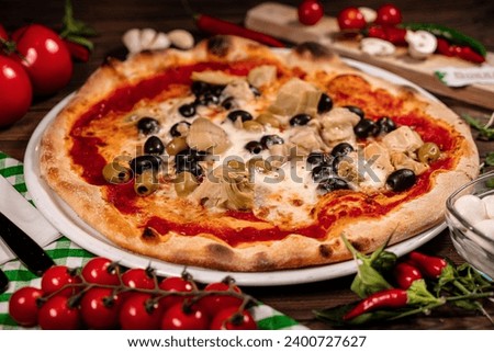 Traditional Neapolitan Pizza artishok and olives Royalty-Free Stock Photo #2400727627