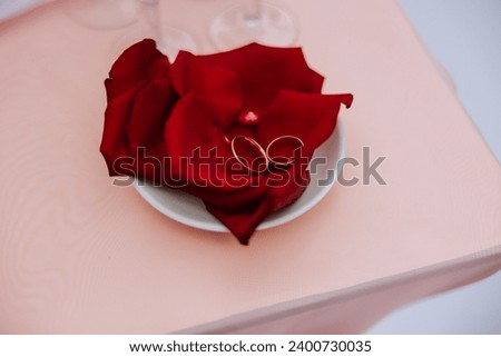 Wedding details. Wedding rings on red rose petals. Preparation for the wedding ceremony. Celebration