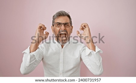 Young, attractive hispanic man, grey-haired and bearded, screaming loud, furious and frustrated over an isolated pink background Royalty-Free Stock Photo #2400731957