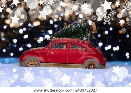 Red toy car is carrying a Christmas tree stock photo images. Red toy car with Christmas tree on top on a snowy road images. Small red car with christmas tree and snowflakes on bokeh background