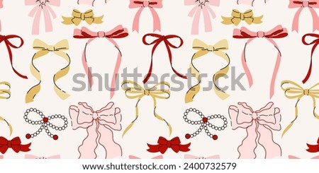 Seamless pattern with various cartoon bow knots, gift ribbons. Trendy hair braiding accessory. Hand drawn vector illustration. Valentine's day background. Royalty-Free Stock Photo #2400732579