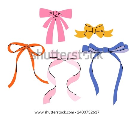 Set of various cartoon bow knots, gift ribbons. Trendy hair braiding accessory. Hand drawn vector illustration.