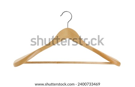 Empty wooden hanger isolated on white. Wardrobe accessory Royalty-Free Stock Photo #2400733469