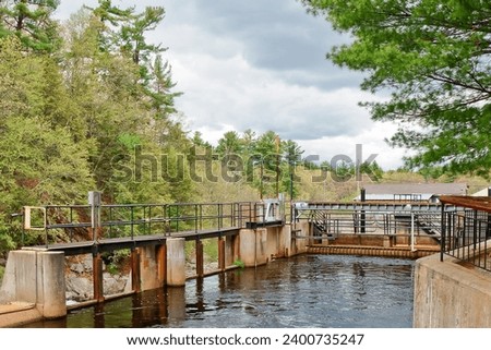 Dam gate of Nashua Canal Reservoir in Mine Falls Park New Hampshire USA