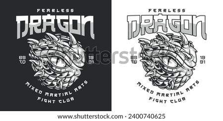 Club fearless dragon monochrome poster with eye of fighting monster for promo mixed martial arts community vector illustration
