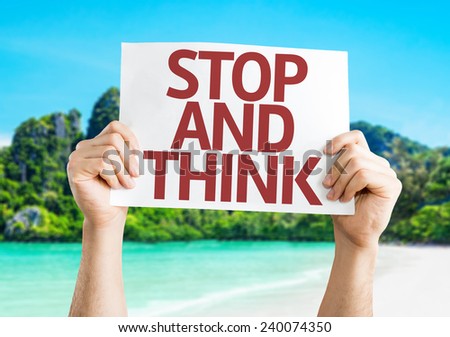 Stop and Think card with a beach on background