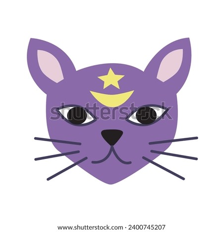 Cat head with moon and stars clip art. Magical cat hand drawn isolated vector illustration